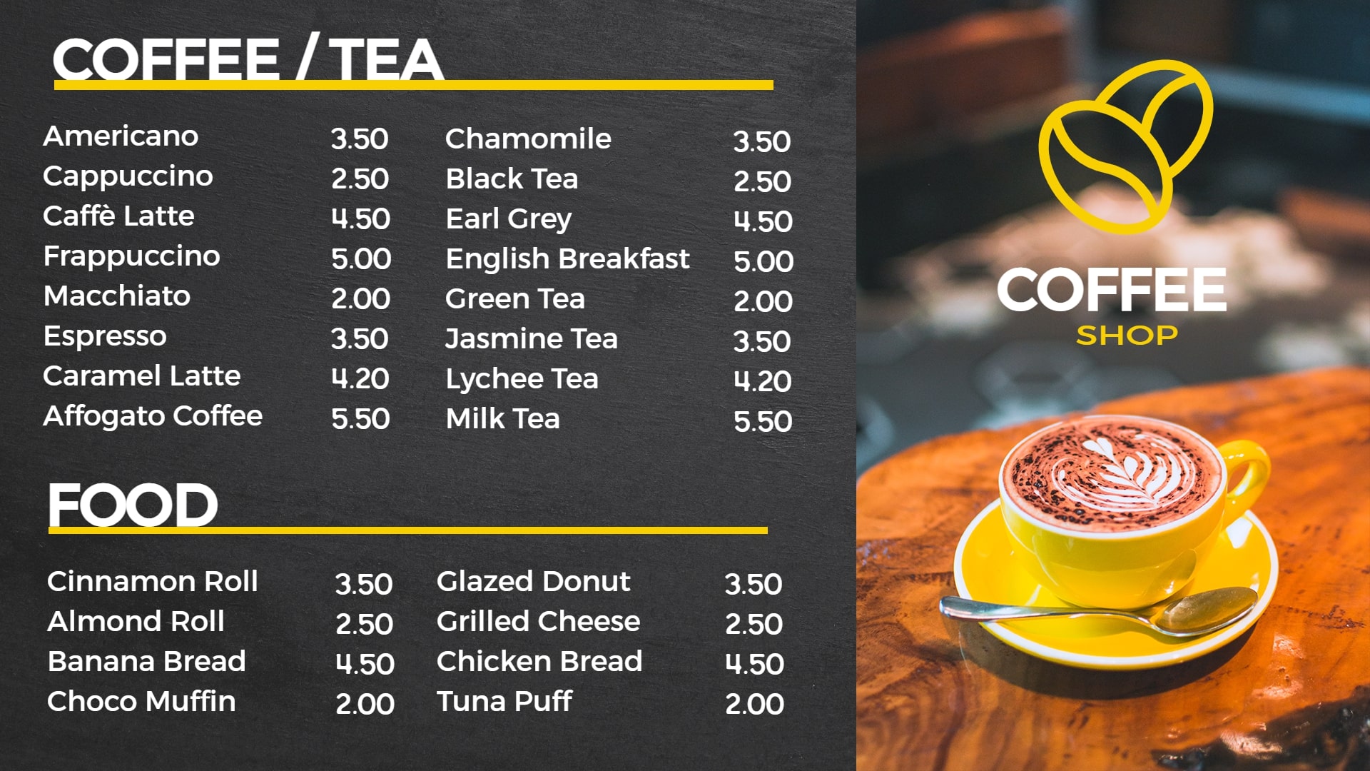 coffee shop digital display menu