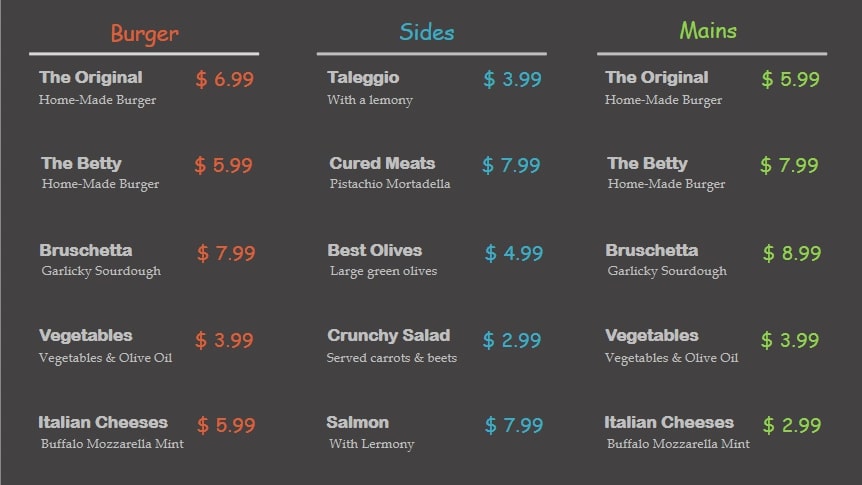 simple plain restaurant menu