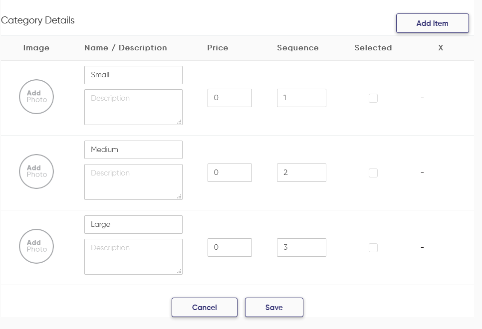 add pizza size option