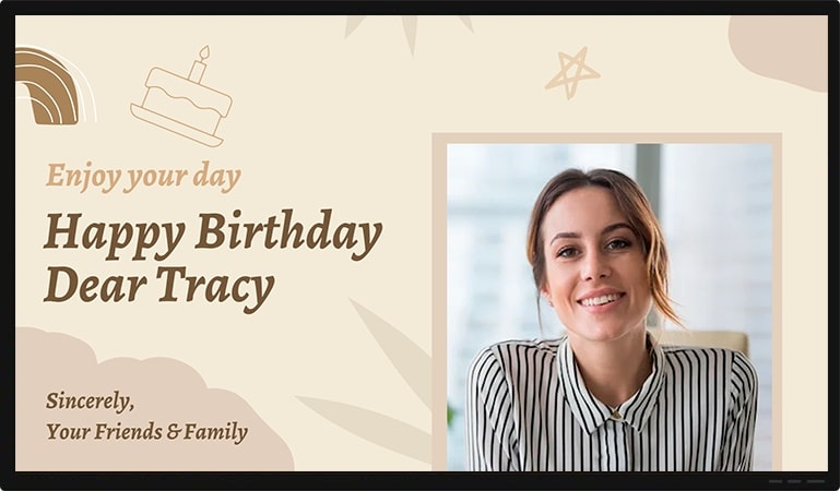 employee birthday announcement on corporate tv