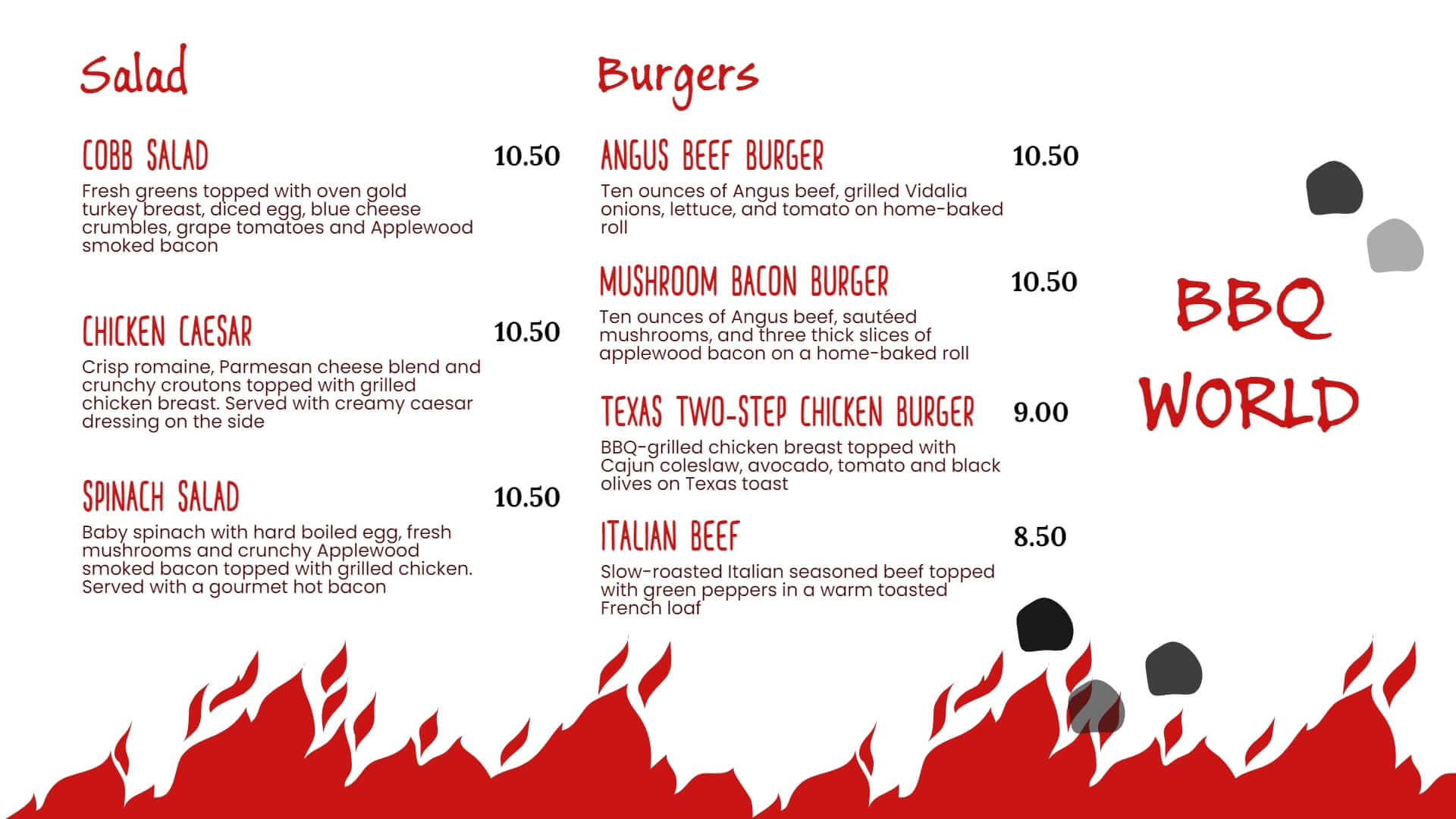 bbq world restaurant's tv screen menu