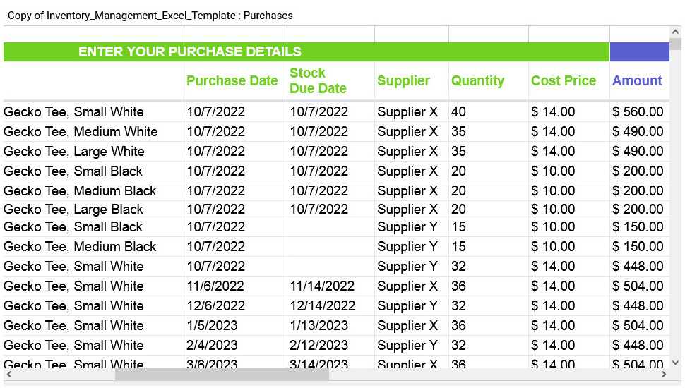 warehouse google sheet