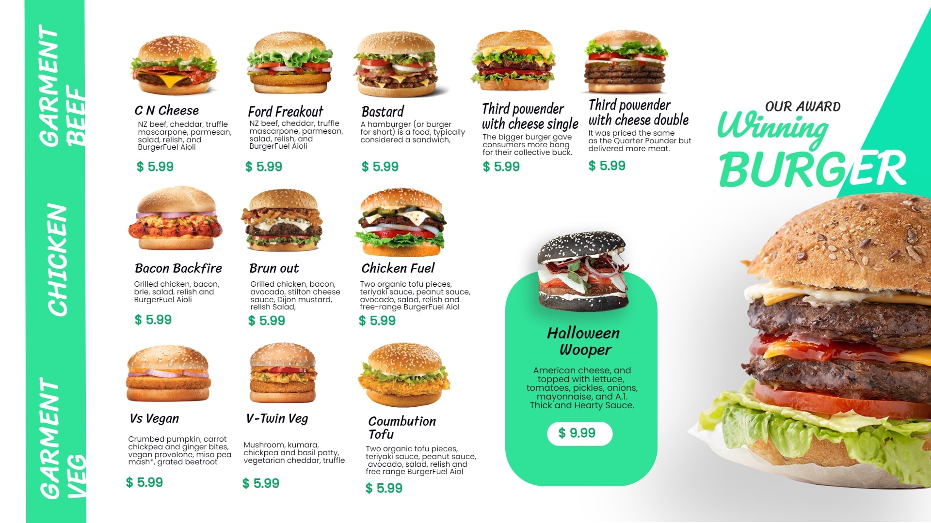 detailed burger menu with ingredients