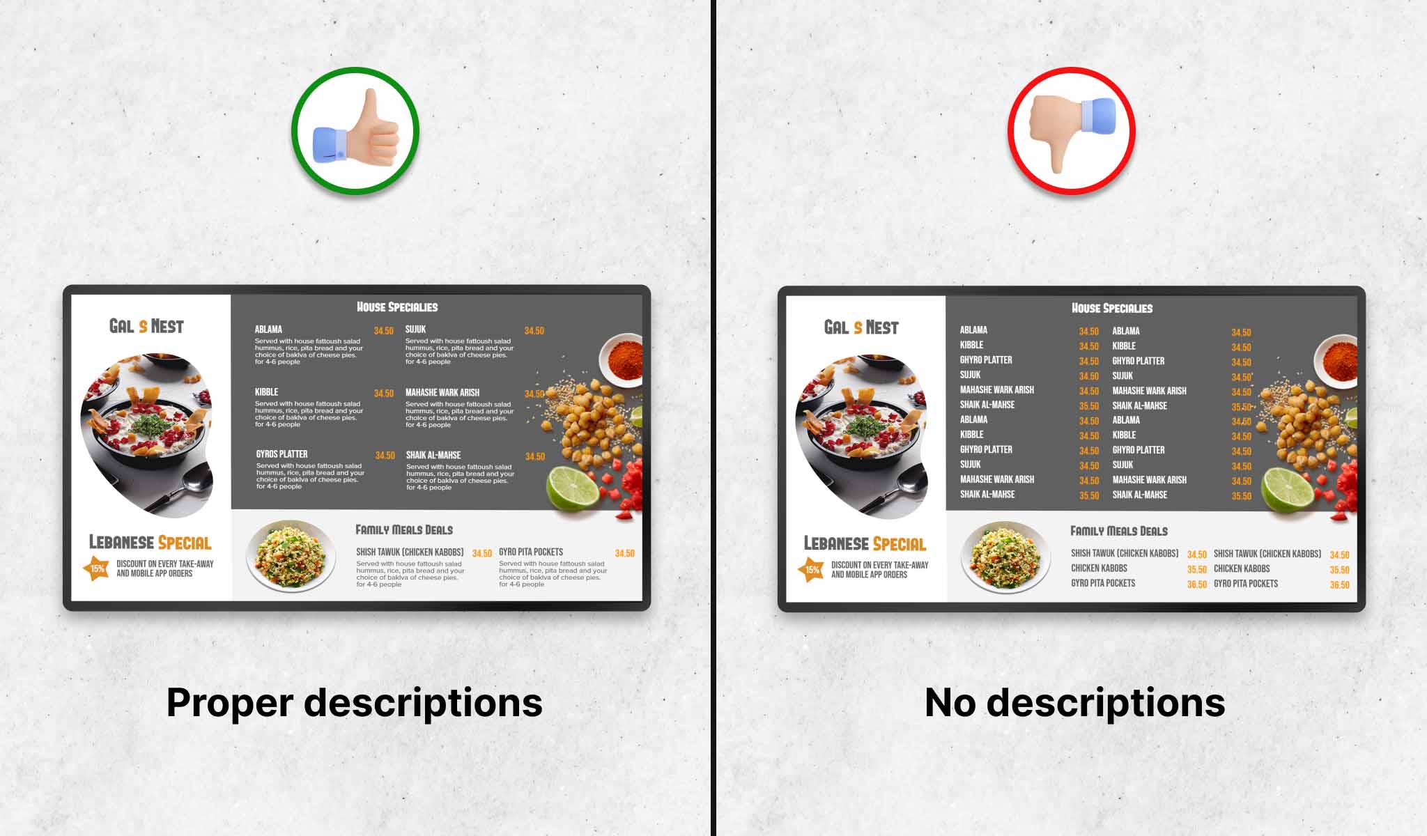 proper item description of food menu