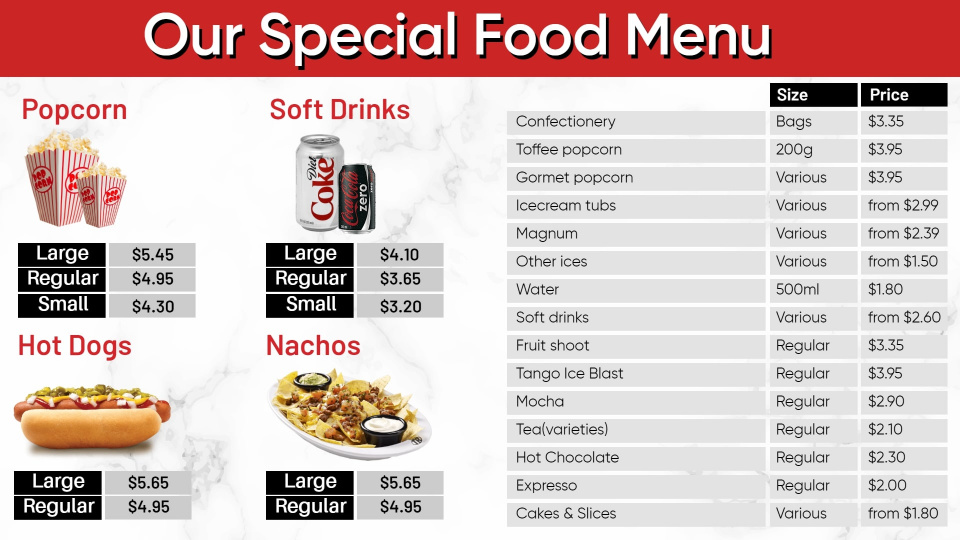 movie theater food combo tv screen menu